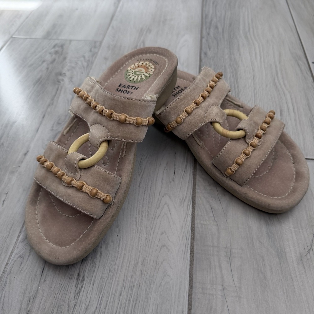 Earth Shoe Women's Beige Leather Beaded Comfort Slip-On Slide Sandals 6.5